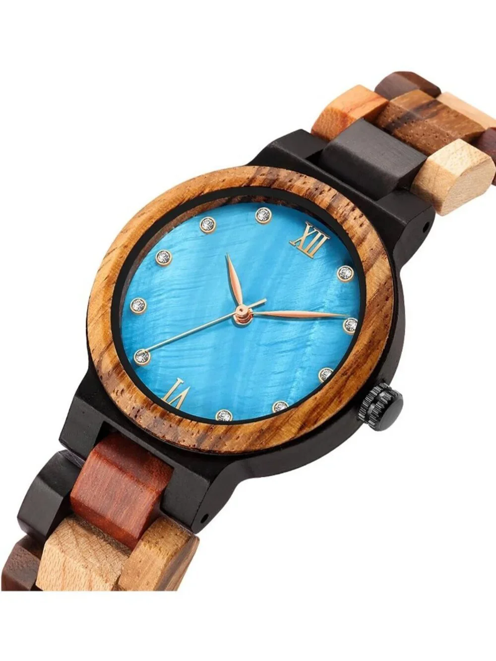 Women's Blue Analog Quartz Couples Colorful Bamboo Classic Design Wooden Watch